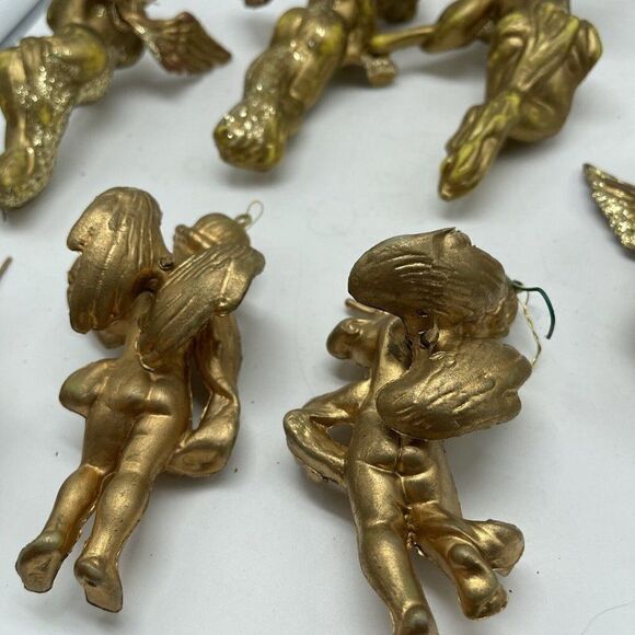 Vintage Cherub Gold Angel Ornaments Set of 8 Playing Instruments Painted Plastic - Picture 10 of 12